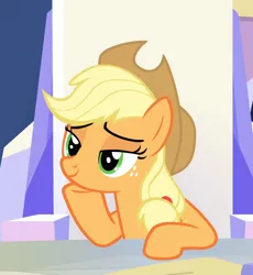 Size: 766x833 | Tagged: safe, derpibooru import, screencap, applejack, earth pony, pony, sparkle's seven, applejack's hat, cowboy hat, cropped, cute, female, freckles, friendship throne, hat, hoof on chin, jackabetes, lidded eyes, mare, raised hoof, sitting, solo