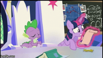 Size: 360x203 | Tagged: safe, derpibooru import, screencap, spike, twilight sparkle, twilight sparkle (alicorn), alicorn, dragon, pony, sparkle's seven, animated, chalkboard, discovery family logo, friendship throne, frustration, gif, glowing horn, horn, imgflip, magic, oh come on, reading a letter, telekinesis, winged spike