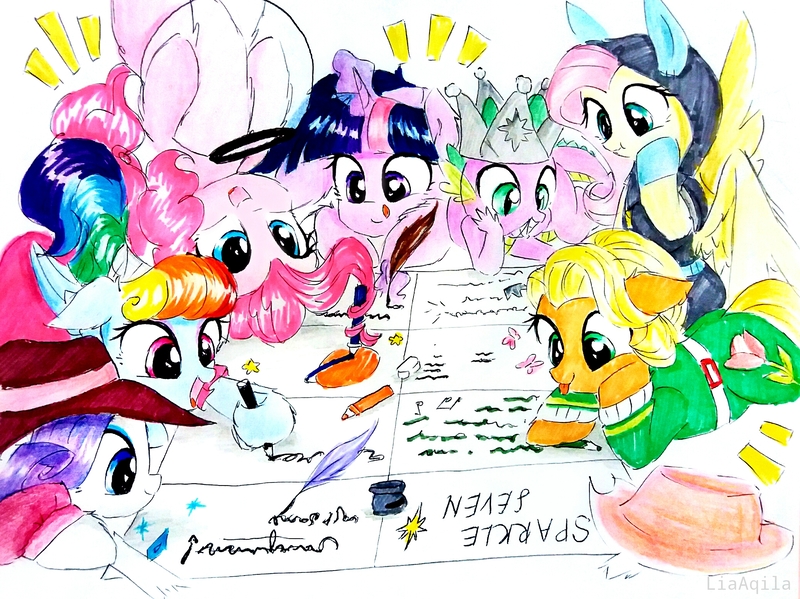 Size: 2078x1557 | Tagged: safe, artist:liaaqila, derpibooru import, applejack, fluttershy, pinkie pie, rainbow dash, rarity, spike, twilight sparkle, twilight sparkle (alicorn), alicorn, sparkle's seven, alternate hairstyle, bunny ears, clothes, costume, crown, dangerous mission outfit, detective rarity, goggles, hard-won helm of the sibling supreme, hat, hoodie, inkwell, jewelry, mane six, megaradash, pen, quill, rainbow dash always dresses in style, regalia, tongue out, traditional art