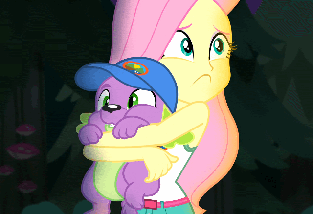 Size: 640x438 | Tagged: safe, derpibooru import, screencap, fluttershy, spike, spike the regular dog, dog, equestria girls, legend of everfree, :<, animated, camp everfree outfits, clothes, cute, gif, hug, scared, shyabetes, sleeveless, tanktop