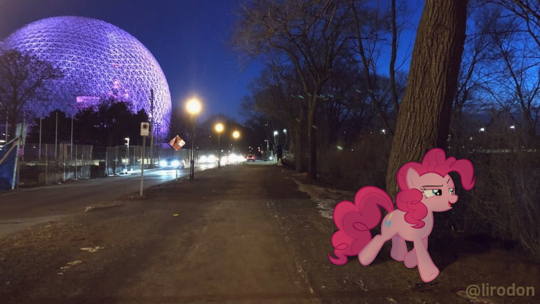 Size: 780x439 | Tagged: safe, artist:tardifice, derpibooru import, edit, pinkie pie, pony, biosphere (montréal), irl, lamp, montreal, photo, ponies in real life, sauvons le mini-cheval, tree