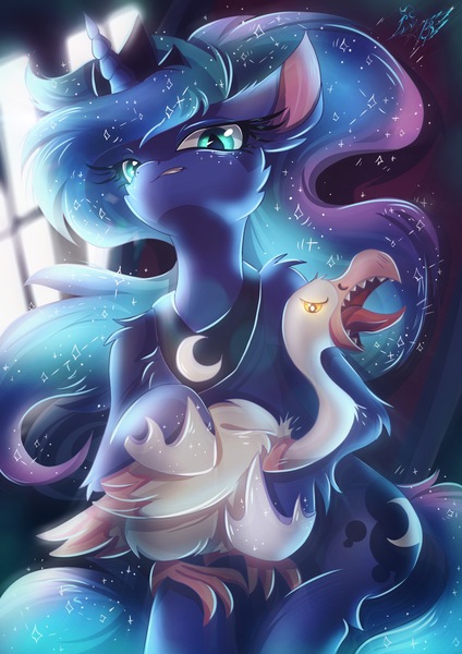 Size: 2894x4093 | Tagged: safe, artist:alexbluebird, derpibooru import, princess luna, alicorn, bird, pony, sparkle's seven, animal, beak, beak teeth, ethereal mane, female, hoof shoes, luna petting goose, mare, open beak, open mouth, smiling, starry mane