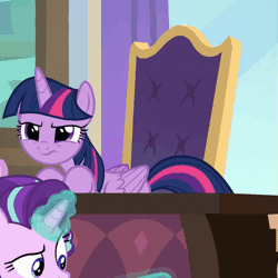 Size: 553x553 | Tagged: safe, derpibooru import, edit, edited screencap, screencap, starlight glimmer, twilight sparkle, twilight sparkle (alicorn), alicorn, pony, unicorn, sparkle's seven, animated, cropped, excited, faic, female, glowing horn, happy, horn, lidded eyes, magic, mare, open mouth, raised hoof, school of friendship, smiling, solo focus, spread wings, wings