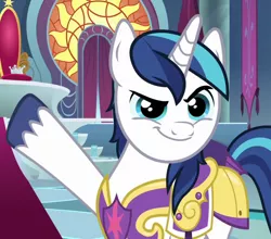 Size: 716x630 | Tagged: safe, derpibooru import, screencap, shining armor, pony, unicorn, sparkle's seven, armor, canterlot throne room, cropped, crown, cute, hard-won helm of the sibling supreme, jewelry, male, regalia, royal guard armor, shining adorable, smiling, solo, stallion
