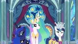 Size: 1920x1080 | Tagged: safe, derpibooru import, screencap, princess celestia, princess luna, shining armor, pony, sparkle's seven, canterlot castle, crown, hard-won helm of the sibling supreme, jewelry, regalia, smug