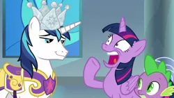 Size: 1920x1080 | Tagged: alicorn, crown, derpibooru import, dragon, hard-won helm of the sibling supreme, jewelry, regalia, safe, screencap, shining armor, shocked expression, smug, sparkle's seven, spike, twilight sparkle, twilight sparkle (alicorn), winged spike