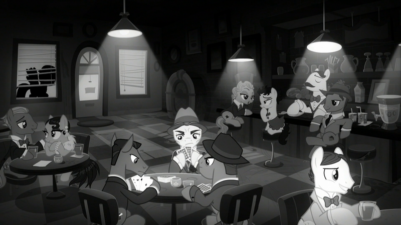 Size: 1920x1080 | Tagged: safe, derpibooru import, screencap, betty hoof, cleopatra jazz, marelene dietrot, earth pony, pony, sparkle's seven, bar, barstool, betty boop, black and white, cup, edward g. robinson, fedora, grayscale, hat, josephine baker, juice, marlene dietrich, monochrome, noir, playing card, radio, table, tavern