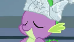 Size: 1920x1080 | Tagged: safe, derpibooru import, screencap, spike, sparkle's seven, crown, cute, eyes closed, hard-won helm of the sibling supreme, jewelry, regalia, smug, solo, spikabetes