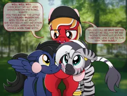 Size: 4000x3000 | Tagged: safe, artist:pananovich, derpibooru import, oc, oc:gray sketch, oc:romél, oc:shadowmoon, earth pony, pegasus, pony, zebra, bipedal, blushing, ear piercing, grabbing, hat, imminent sex, imminent threesome, multiple males, piercing, shadowmél, spread wings, wings, zebra oc