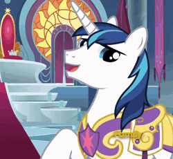 Size: 457x420 | Tagged: safe, derpibooru import, screencap, shining armor, pony, unicorn, sparkle's seven, >:), animated, armor, canterlot throne room, check 'em, cropped, crown, cute, evil grin, gif, grin, hard-won helm of the sibling supreme, jewelry, male, regalia, royal guard armor, shining adorable, smiling, smirk, solo, stallion