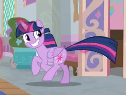 Size: 513x387 | Tagged: safe, derpibooru import, screencap, twilight sparkle, twilight sparkle (alicorn), alicorn, pony, sparkle's seven, cropped, cute, excited, faic, galloping, glowing horn, horn, smiling, solo, teeth, twiabetes