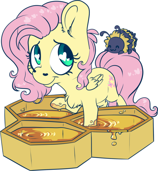 Size: 1706x1846 | Tagged: safe, artist:cutepencilcase, derpibooru import, fluttershy, bee, insect, pegasus, pony, chest fluff, cute, digital art, ear fluff, female, folded wings, food, heart eyes, honey, honeycomb (structure), looking back, mare, raised hoof, shyabetes, simple background, smiling, solo, three quarter view, transparent background, wingding eyes, wings