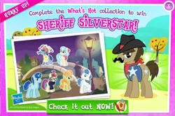 Size: 1042x690 | Tagged: safe, derpibooru import, official, coco pommel, junebug, moondancer, orion, party favor, sheriff silverstar, shooting star (character), earth pony, pony, unicorn, advertisement, background pony, bridge, collection, cowboy hat, facial hair, female, gameloft, hat, male, mare, moustache, planetary bob, stallion