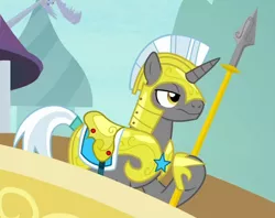 Size: 486x385 | Tagged: safe, derpibooru import, screencap, pony, unicorn, sparkle's seven, armor, cropped, helmet, hoof shoes, male, royal guard, royal guard armor, saddle, solo, spear, stallion, tack, unicorn royal guard, weapon