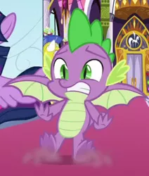 Size: 333x392 | Tagged: safe, derpibooru import, screencap, spike, twilight sparkle, twilight sparkle (alicorn), alicorn, dragon, pony, sparkle's seven, claws, cropped, dust, gritted teeth, looking at you, male, offscreen character, screech, shocked, solo focus, spread toes, spread wings, teeth grinding, toes, underfoot, winged spike, wings