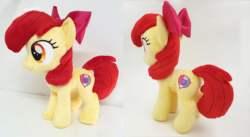 Size: 2708x1484 | Tagged: safe, artist:epicrainbowcrafts, derpibooru import, apple bloom, earth pony, pony, bow, commission, cutie mark, female, filly, irl, photo, plushie, solo, the cmc's cutie marks