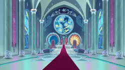 Size: 2100x1178 | Tagged: animal, bird, canterlot, canterlot castle, canterlot throne room, carpet, column, crown, derpibooru import, fluttershy, goose, hard-won helm of the sibling supreme, jewelry, regalia, safe, screencap, sparkle's seven, spike, stained glass, throne room