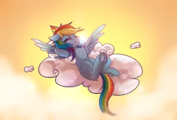 Size: 3031x2048 | Tagged: safe, artist:rikadiane, derpibooru import, rainbow dash, pegasus, pony, cloud, cloudy, eyes closed, female, frog (hoof), hat, lying on a cloud, mare, on a cloud, party hat, signature, sky, solo, underhoof