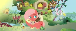 Size: 1280x520 | Tagged: safe, artist:dianamur, artist:mlplover0711, derpibooru import, oc, oc:apple sprout, unofficial characters only, butterfly, ferret, frog, pony, rabbit, animal, base used, cider, fluttershy's cottage, freckles, offspring, parent:big macintosh, parent:fluttershy, parents:fluttermac, pet oc, unshorn fetlocks