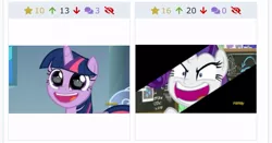 Size: 751x393 | Tagged: safe, derpibooru import, screencap, rarity, twilight sparkle, twilight sparkle (alicorn), alicorn, pony, derpibooru, sparkle's seven, crown, eye reflection, faic, hard-won helm of the sibling supreme, jewelry, juxtaposition, looking at something, meta, narrowed eyes, pudding face, reflection, regalia, wide eyes