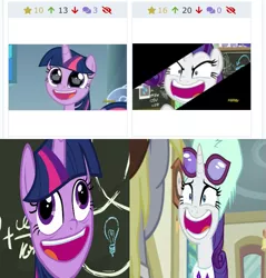 Size: 751x786 | Tagged: safe, derpibooru import, screencap, derpy hooves, rarity, twilight sparkle, twilight sparkle (alicorn), alicorn, pony, derpibooru, best gift ever, sparkle's seven, chalkboard, comparison, crown, eye reflection, faic, hard-won helm of the sibling supreme, jewelry, juxtaposition, looking at something, meta, narrowed eyes, offscreen character, pudding face, reflection, regalia, wide eyes, wrong aspect ratio