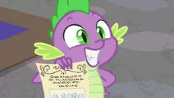Size: 1280x720 | Tagged: safe, derpibooru import, screencap, spike, dragon, sparkle's seven, claws, crown, cute, hard-won helm of the sibling supreme, jewelry, male, regalia, smiling, spikabetes, tail, winged spike, written equestrian