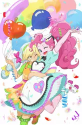 Size: 721x1100 | Tagged: safe, artist:puri__kyua, derpibooru import, applejack, pinkie pie, coinky-dink world, eqg summertime shorts, equestria girls, shake things up!, anime, balloon, bow, confetti, cute, diner uniform, duo, duo female, female, hairnet, hug, jumping, one eye closed, pixiv, roller skates, server pinkie pie, smiling, wink