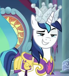 Size: 338x371 | Tagged: safe, derpibooru import, screencap, shining armor, pony, unicorn, sparkle's seven, armor, cropped, crown, hard-won helm of the sibling supreme, jewelry, male, regalia, royal guard armor, smiling, stallion