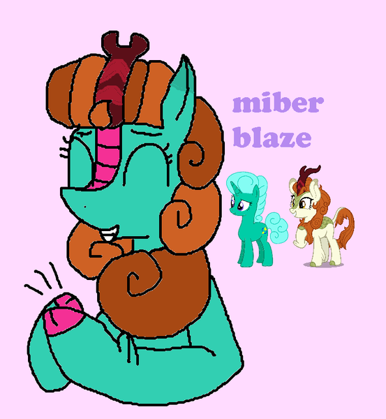 Size: 759x823 | Tagged: safe, artist:徐詩珮, derpibooru import, autumn blaze, glitter drops, oc, oc:miber blaze, hybrid, kirin, pony, unicorn, my little pony: the movie, sounds of silence, clapping, cute, female, glitterblaze, interspecies offspring, lesbian, magical lesbian spawn, offspring, parent:autumn blaze, parent:glitter drops, parents:glitterblaze, pink background, shipping, simple background