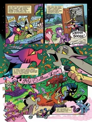 Size: 1200x1600 | Tagged: safe, artist:andypriceart, derpibooru import, idw, cosmos (character), discord, observer (character), draconequus, earth pony, pegasus, pony, unicorn, spoiler:comic, spoiler:comic77, aladdin, alice in wonderland, chaos, comic, coscord, dc comics, discord's house, duo, e=mc^2, earth 616, easy rider, female, flying carpet, male, mare, marvel comics, microphone, motorcycle, official comic, preview, shipping, singing, speech bubble, straight, the twilight zone, wonderland