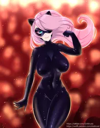 Size: 941x1200 | Tagged: suggestive, artist:draltruist, derpibooru import, fluttershy, bat pony, human, sparkle's seven, bodysuit, breasts, busty fluttershy, cat ears, catsuit, domino mask, erect nipples, explosion, female, flutterbat, flutterspy, hair over one eye, humanized, latex, latex suit, race swap, solo