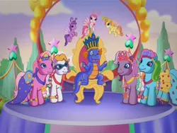 Size: 640x480 | Tagged: breezie, clothes, crown, derpibooru import, dress, g3, jewelry, pinkie pie (g3), princess, princess pinkie pie, princess rainbow dash, princess sunny daze, princess wysteria, rainbow dash, rainbow dash (g3), regalia, safe, screencap, spike, sunny daze (g3), the princess promenade, throne, tiddlywink, tra-la-la, wysteria, zipzee
