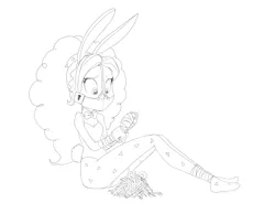 Size: 4362x3384 | Tagged: suggestive, artist:carnifex, derpibooru import, adagio dazzle, equestria girls, bondage, bondage mitts, bowtie, bunny ears, bunny suit, clothes, commission, cuffs (clothes), gag, key, leotard, lock, missing shoes, monochrome, muzzle gag, pantyhose, sketch, tape, tape bondage, taped fists