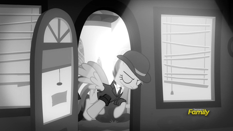 Size: 1920x1080 | Tagged: safe, derpibooru import, screencap, rainbow dash, pony, sparkle's seven, bowler hat, hat, investigator dash, monochrome, noir, rainbow dash always dresses in style, solo