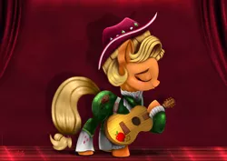 Size: 6000x4250 | Tagged: safe, artist:darksly, derpibooru import, applejack, earth pony, pony, sparkle's seven, absurd resolution, acoustic guitar, apple chord, clothes, cowboy hat, eyes closed, female, freckles, guitar, hat, mare, musical instrument, solo, stetson