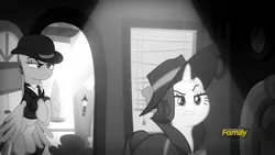 Size: 1920x1080 | Tagged: safe, derpibooru import, screencap, rainbow dash, rarity, pony, sparkle's seven, bowler hat, detective rarity, hat, investigator dash, monochrome, noir