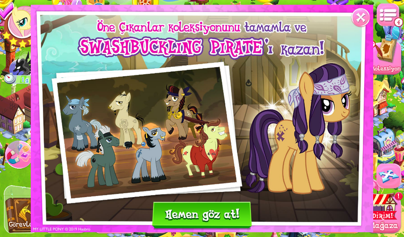 Size: 1024x600 | Tagged: safe, derpibooru import, idw, official, screencap, captain hoofbeard, cutlass (pony), fluttershy, pony of shadows, earth pony, pony, background pony, bandana, collection, eyepatch, female, gameloft, idw showified, male, mare, pirate, stallion, sword, turkish, weapon