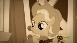 Size: 1920x1080 | Tagged: safe, derpibooru import, screencap, applejack, pony, sparkle's seven, apple chord, female, filly, filly applejack, guitar, monochrome, musical instrument, sepia, solo, younger