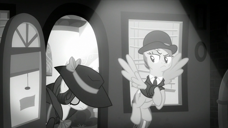 Size: 1920x1080 | Tagged: safe, derpibooru import, screencap, rainbow dash, rarity, pony, sparkle's seven, black and white, detective rarity, grayscale, investigator dash, monochrome