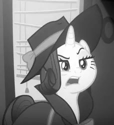 Size: 488x535 | Tagged: safe, derpibooru import, screencap, rarity, pony, unicorn, sparkle's seven, black and white, clothes, cropped, detective rarity, dramatic, female, grayscale, lidded eyes, mare, monochrome, open mouth, raised eyebrow, solo