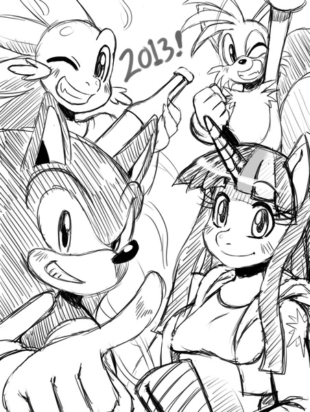 Size: 1136x1508 | Tagged: anthro, artist:ss2sonic, crossover, derpibooru import, miles "tails" prower, monochrome, safe, sonic the hedgehog, sonic the hedgehog (series), spike, twilight sparkle