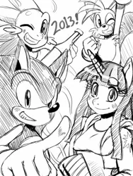 Size: 1136x1508 | Tagged: anthro, artist:ss2sonic, crossover, derpibooru import, miles "tails" prower, monochrome, safe, sonic the hedgehog, sonic the hedgehog (series), spike, twilight sparkle