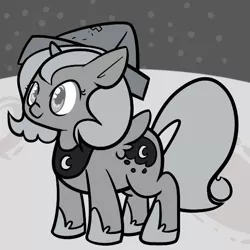 Size: 576x576 | Tagged: safe, artist:iliekturtlez, derpibooru import, princess luna, alicorn, pony, moonstuck, black and white, cartographer's cap, cute, female, filly, grayscale, hat, hoof shoes, lunabetes, monochrome, moon, peytral, solo, woona, younger