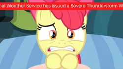 Size: 1280x720 | Tagged: safe, derpibooru import, edit, edited screencap, screencap, apple bloom, earth pony, pony, bloom and gloom, apple bloom's bow, bow, emergency alert system, female, filly, frightened, hair bow, relatable