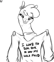 Size: 408x469 | Tagged: suggestive, artist:aer0 zer0, derpibooru import, paprika paca, alpaca, them's fightin' herds, clothes, cloven hooves, community related, ear piercing, female, grayscale, lineart, lip bite, looking at you, monochrome, piercing, signature, simple background, smiling, solo, sweater, text, vulgar, white background