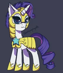 Size: 1549x1803 | Tagged: safe, artist:prplepsychopath, derpibooru import, rarity, pony, unicorn, sparkle's seven, :3, armor, armorarity, chest fluff, colored pupils, cute, dark background, ear fluff, female, fluffy, gray background, hoof shoes, leg fluff, lidded eyes, looking at you, mare, neck fluff, raribetes, royal guard rarity, simple background, smiling, solo