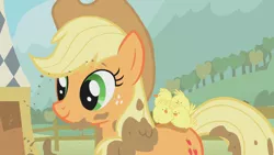 Size: 1280x720 | Tagged: safe, derpibooru import, screencap, applejack, bird, chicken, earth pony, pony, fall weather friends, applejack's hat, cowboy hat, cute, female, hat, jackabetes, mare, mud, muddy, smiling, solo