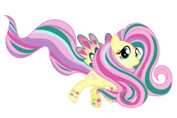 Size: 3000x2000 | Tagged: safe, artist:ashidaru, derpibooru import, fluttershy, pegasus, pony, twilight's kingdom, colored wings, cute, female, flying, looking at you, mare, multicolored wings, rainbow power, rainbow power-ified, shyabetes, simple background, smiling, solo, transparent background, vector, wings