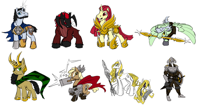 Size: 2244x1230 | Tagged: safe, artist:sawhorse, derpibooru import, mjölna, oc, earth pony, human, pegasus, pony, unicorn, armor, braided tail, cape, clothes, colored sketch, female, hammer, helmet, hoof shoes, horned helmet, horns, loki, male, mare, marvel, marvel cinematic universe, mjölnir, mouth hold, prosthetic eye, prosthetics, shield, simple background, sleipnir, spear, spread wings, stallion, surtr, sword, thor, war hammer, weapon, white background, wings