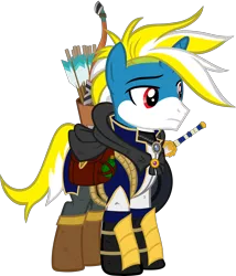 Size: 5477x6390 | Tagged: safe, artist:antone-t62newo, derpibooru import, oc, oc:light raid, pony, unicorn, absurd resolution, arrow, bag, bow (weapon), bow and arrow, clothes, male, quiver, saddle bag, simple background, solo, stallion, sword, transparent background, weapon